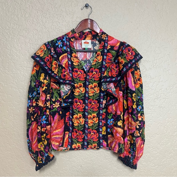 Farm Rio floral top ruffled button down puff sleeves size small 100% cotton - Picture 2 of 8